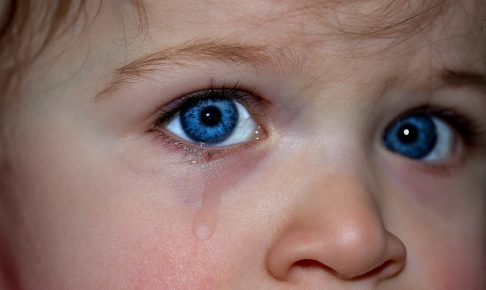 青い目の小さい子供が涙を流している